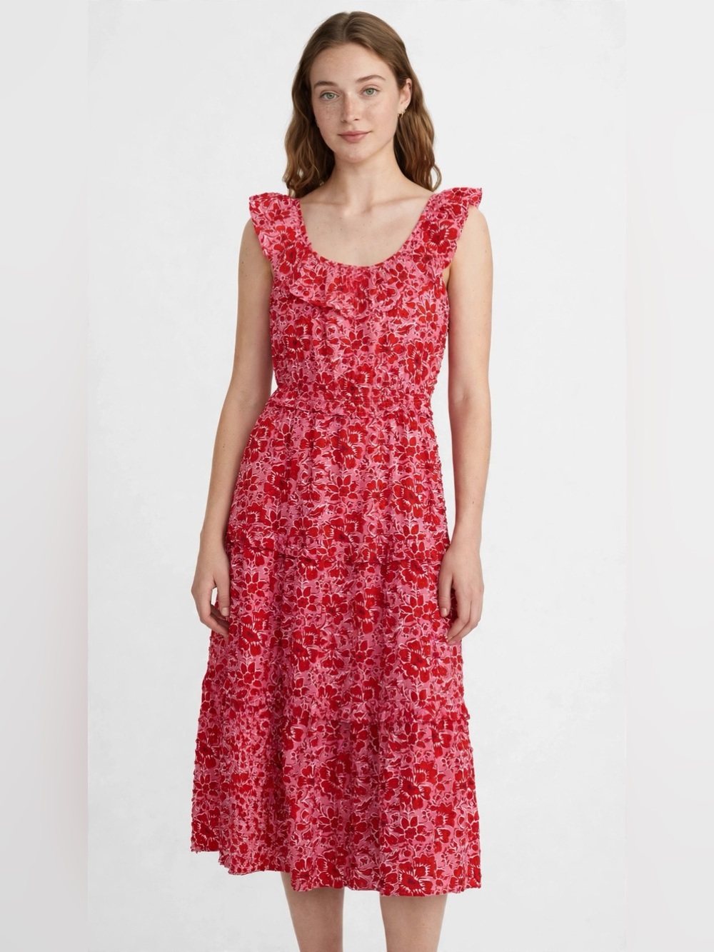 J. Crew Red Floral Ruffle Maxi Dress PTP 22 L 49